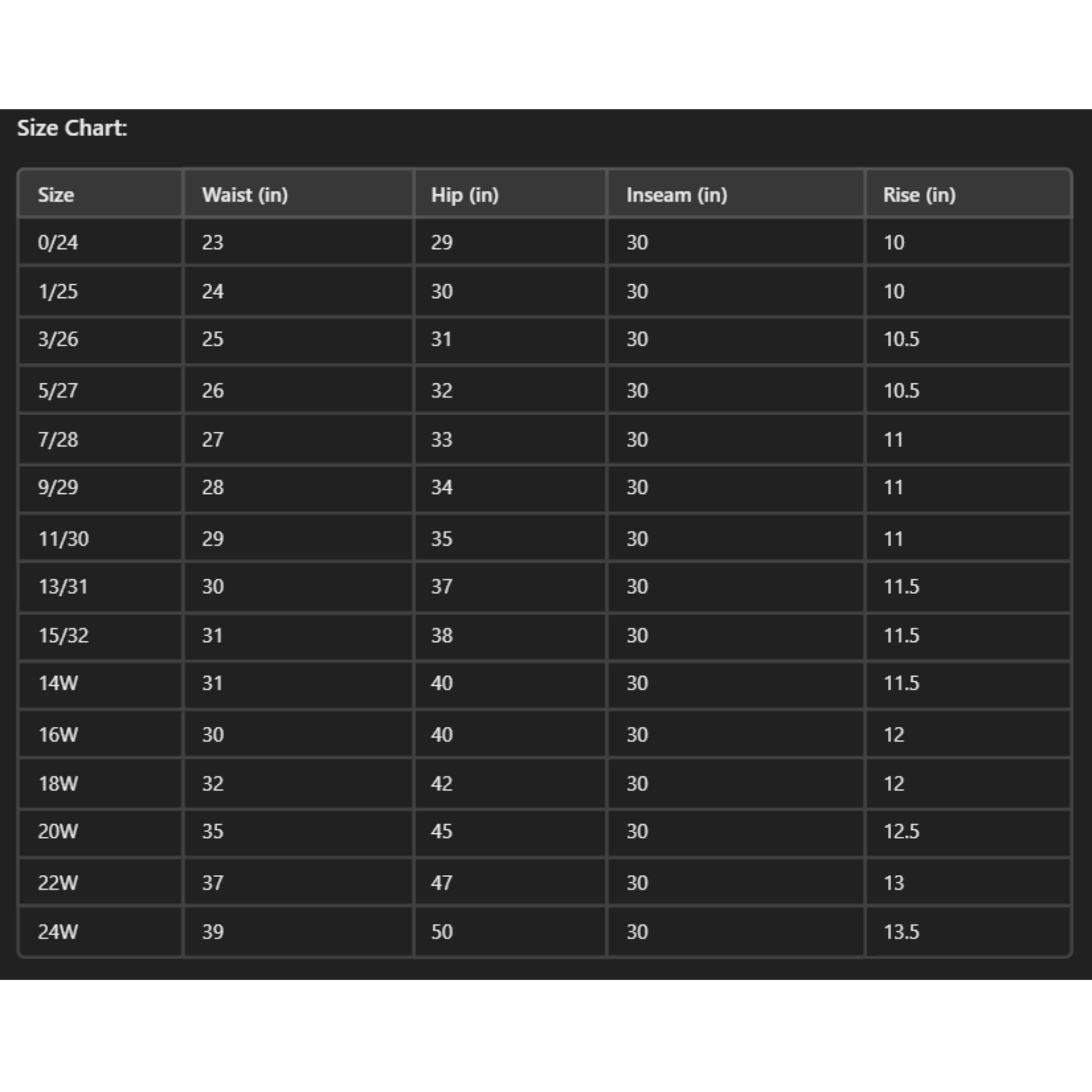size chart