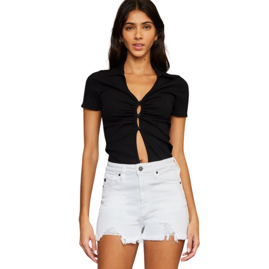 Women's High Rise Frayed White Denim Shorts by Kancan with flattering high-rise fit, frayed hem, and pockets for a stylish and casual summer look.