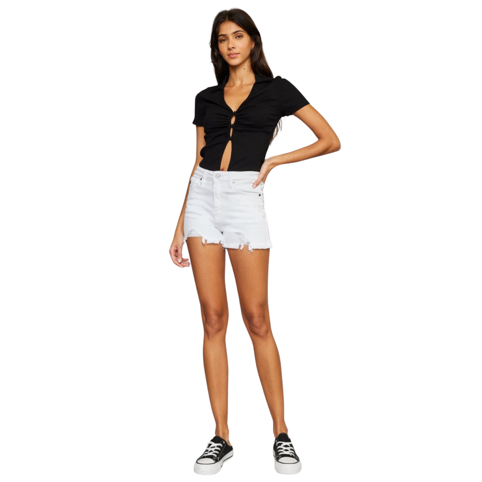 Women's High Rise Frayed White Denim Shorts by Kancan with flattering high-rise fit, frayed hem, and pockets for a stylish and casual summer look.
