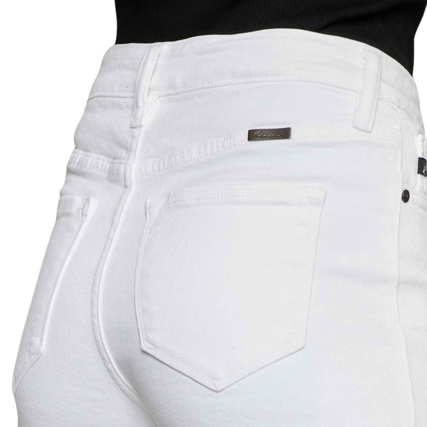 Women's High Rise Frayed White Denim Shorts by Kancan with flattering high-rise fit, frayed hem, and pockets for a stylish and casual summer look.