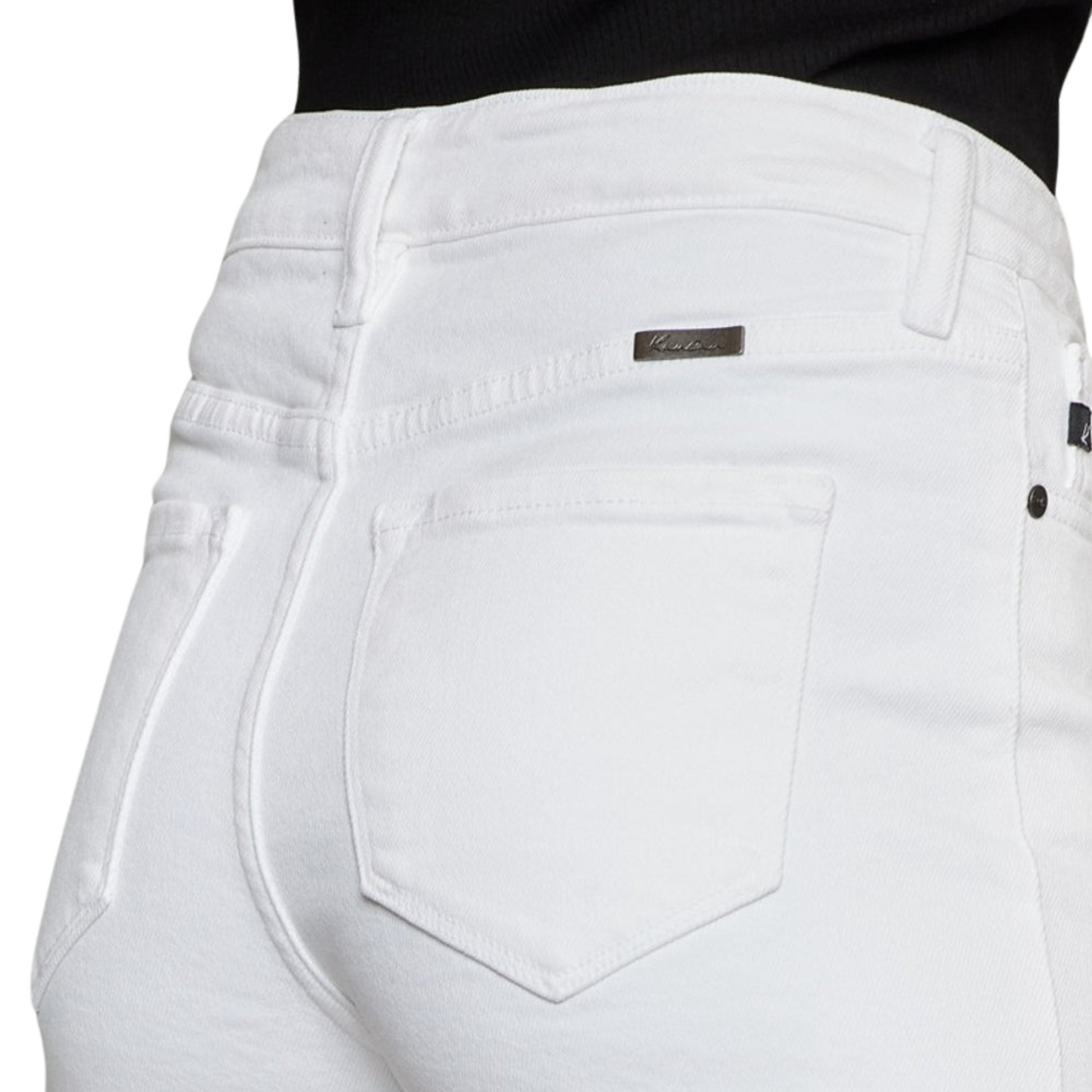 Women's High Rise Frayed White Denim Shorts by Kancan with flattering high-rise fit, frayed hem, and pockets for a stylish and casual summer look.