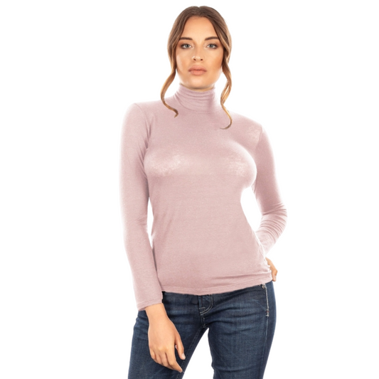 Women's Italian Cashmere Blend Long Sleeve Turtleneck in Navy, Black, and Beige, made from a luxurious blend of modal, cashmere, and elastane.