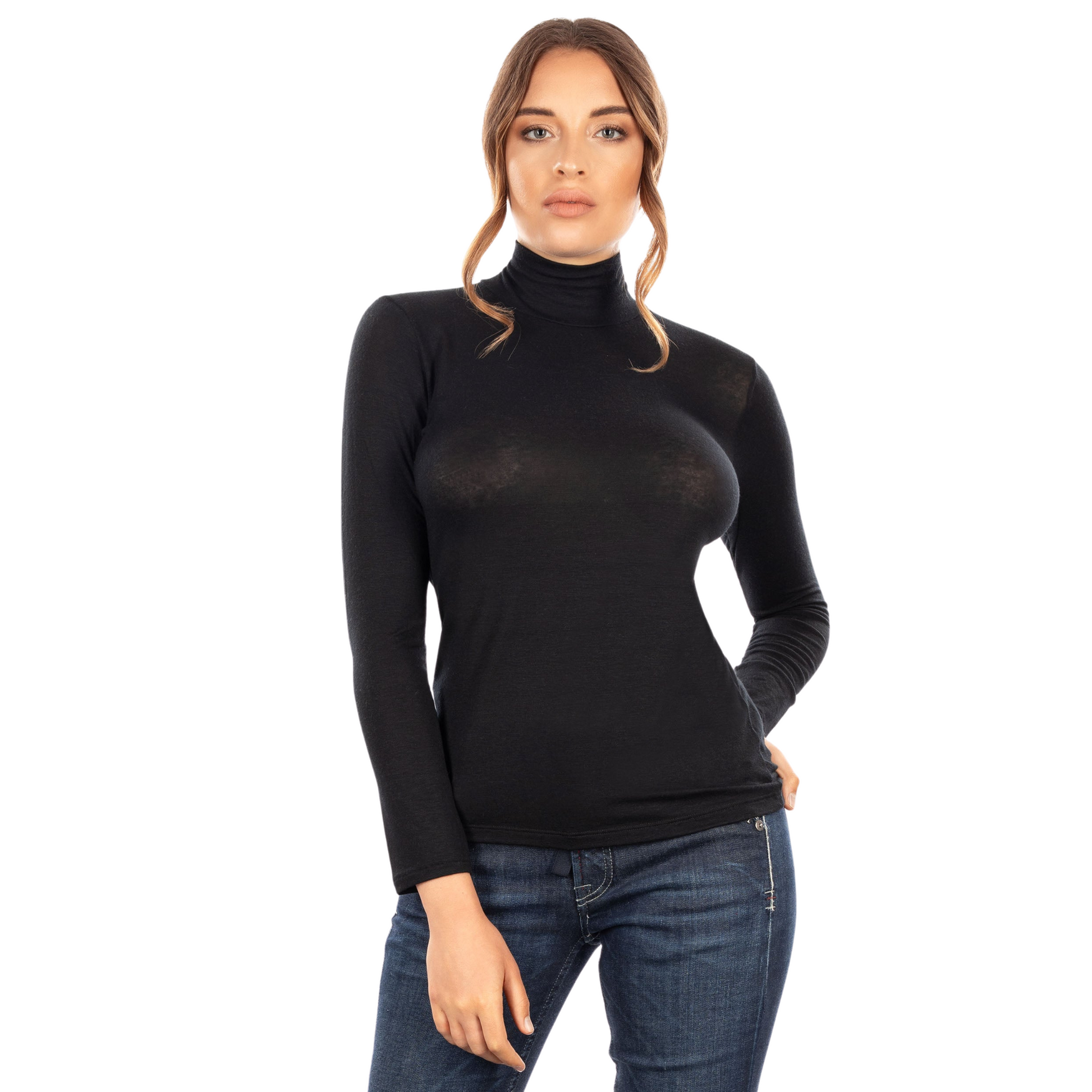 Women's Italian Cashmere Blend Long Sleeve Turtleneck in Navy, Black, and Beige, made from a luxurious blend of modal, cashmere, and elastane.