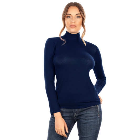 Women's Italian Cashmere Blend Long Sleeve Turtleneck in Navy, Black, and Beige, made from a luxurious blend of modal, cashmere, and elastane.