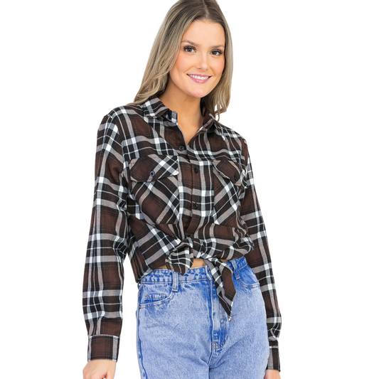 Women's Loose-Fit Button Up Pocket Flannel in Mocha with brown and white plaid design, button-up front, long sleeves, flat collar, and front chest pockets.