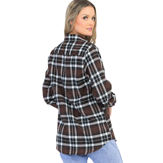 Women's Loose-Fit Button Up Pocket Flannel in Mocha with brown and white plaid design, button-up front, long sleeves, flat collar, and front chest pockets.