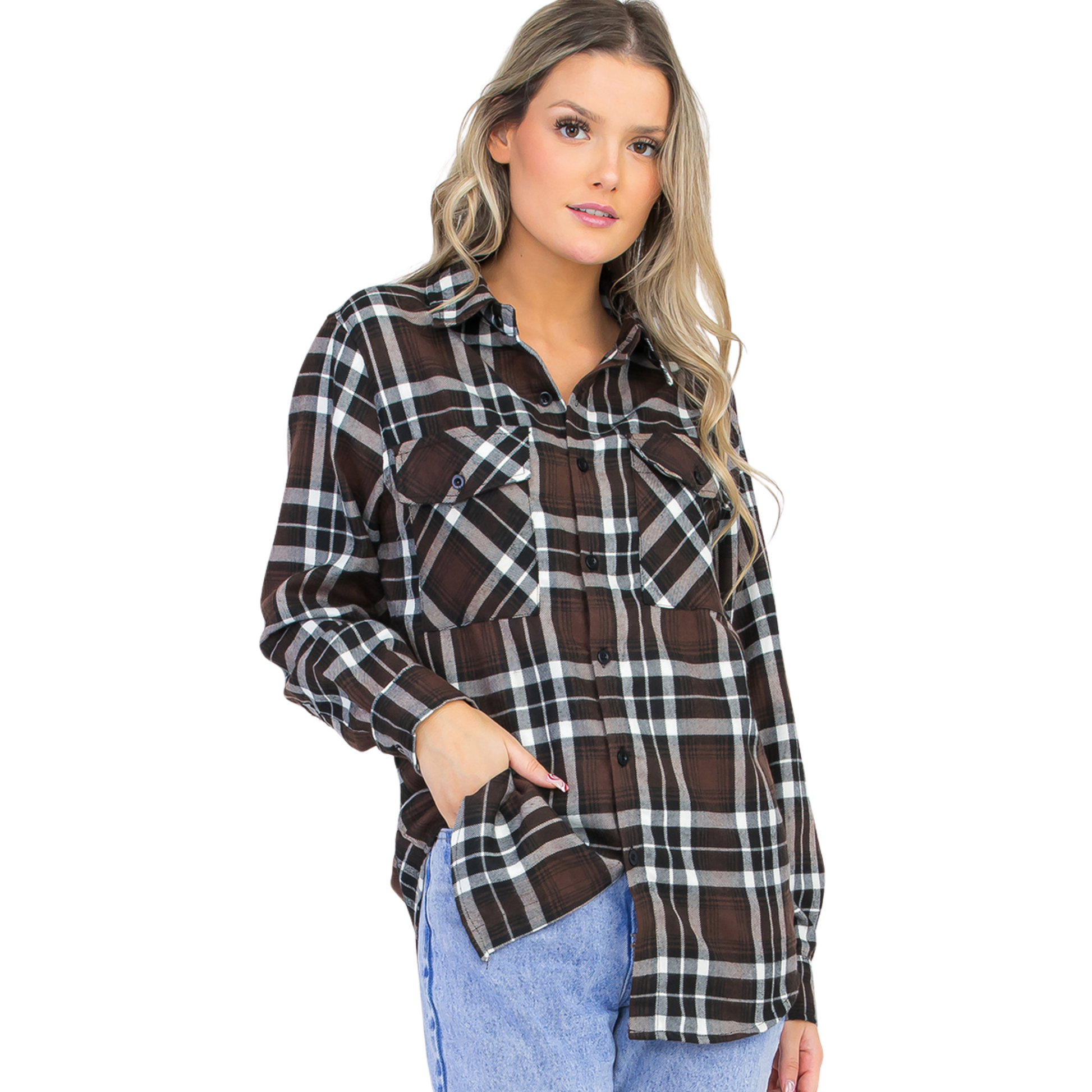 Women's Loose-Fit Button Up Pocket Flannel in Mocha with brown and white plaid design, button-up front, long sleeves, flat collar, and front chest pockets.