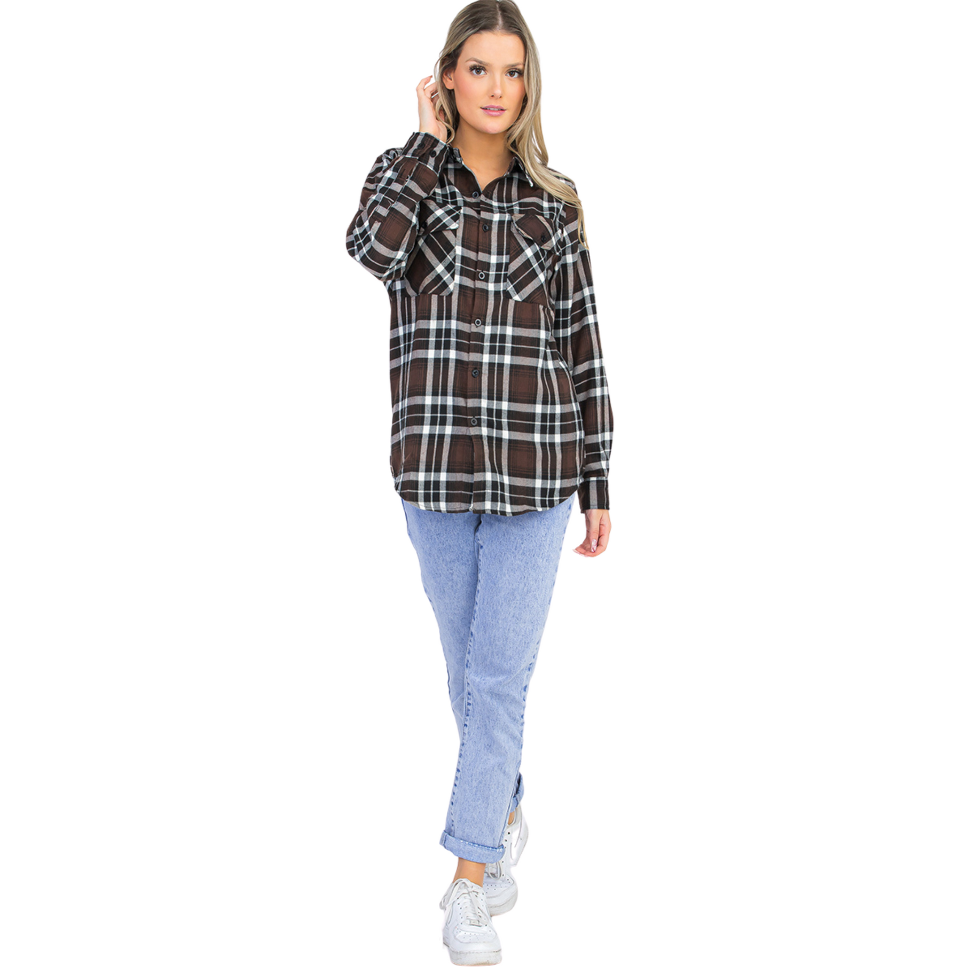 Women's Loose-Fit Button Up Pocket Flannel in Mocha with brown and white plaid design, button-up front, long sleeves, flat collar, and front chest pockets.