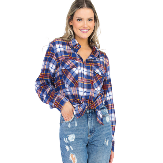 Women's Loose-Fit Button Up Pocket Flannel in Trident with red, blue, and white plaid design, button-up front, long sleeves, flat collar, and front chest pockets.
