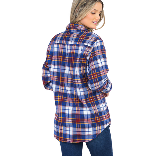 Women's Loose-Fit Button Up Pocket Flannel in Trident with red, blue, and white plaid design, button-up front, long sleeves, flat collar, and front chest pockets.