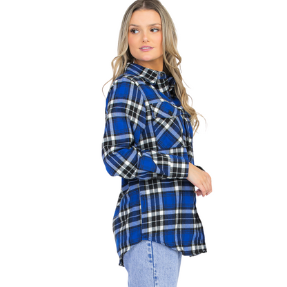 Women's Loose-Fit Button Up Pocket Flannel in True Blue