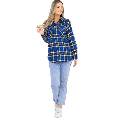 Women's Loose-Fit Button Up Pocket Flannel in True Blue