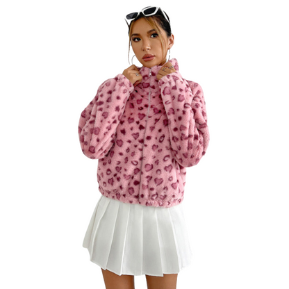 Women's Pink Leopard Heart Plush Zipper Jacket - Ash and Chrome Clothing Co LLC