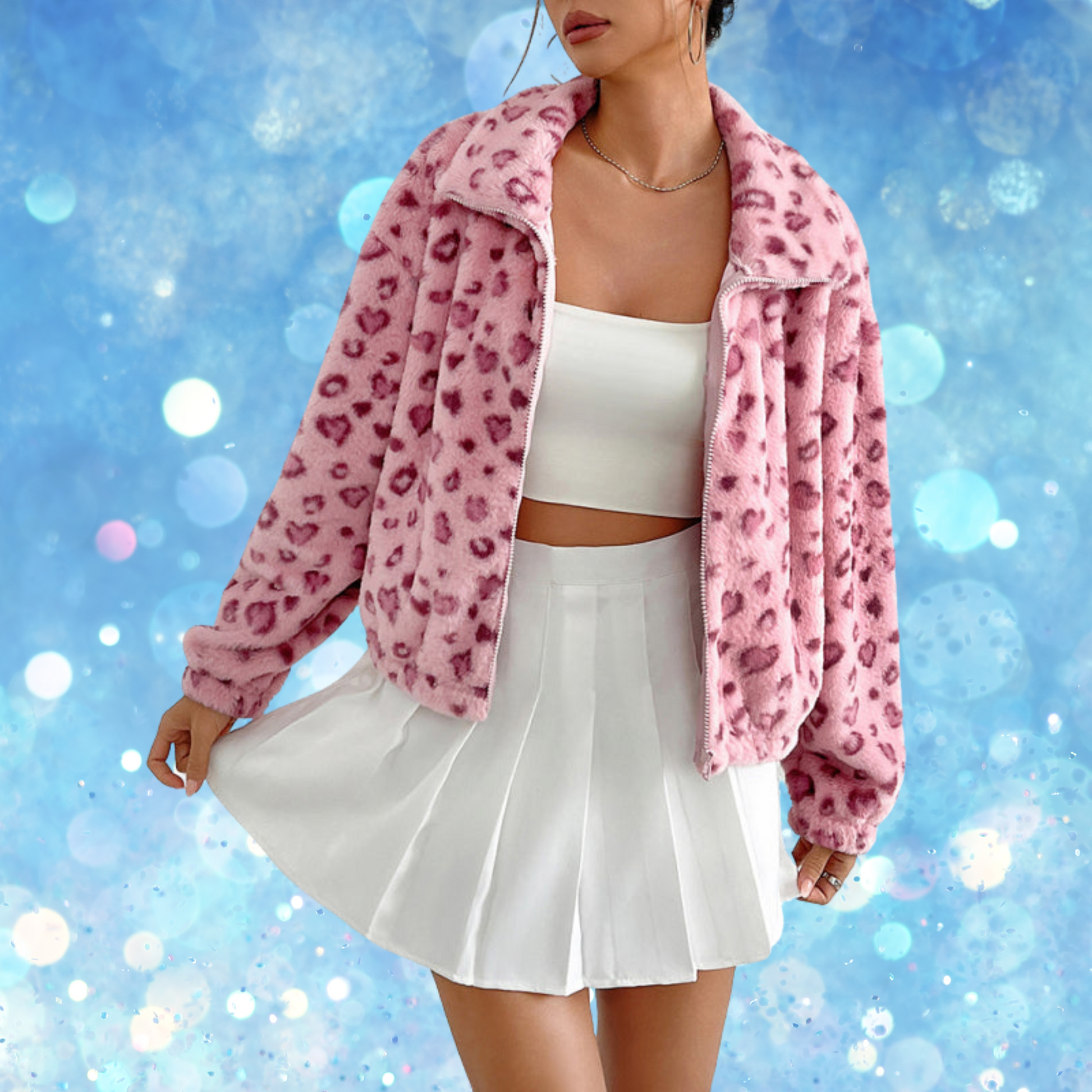 Women's Pink Leopard Heart Plush Zipper Jacket - Ash and Chrome Clothing Co LLC