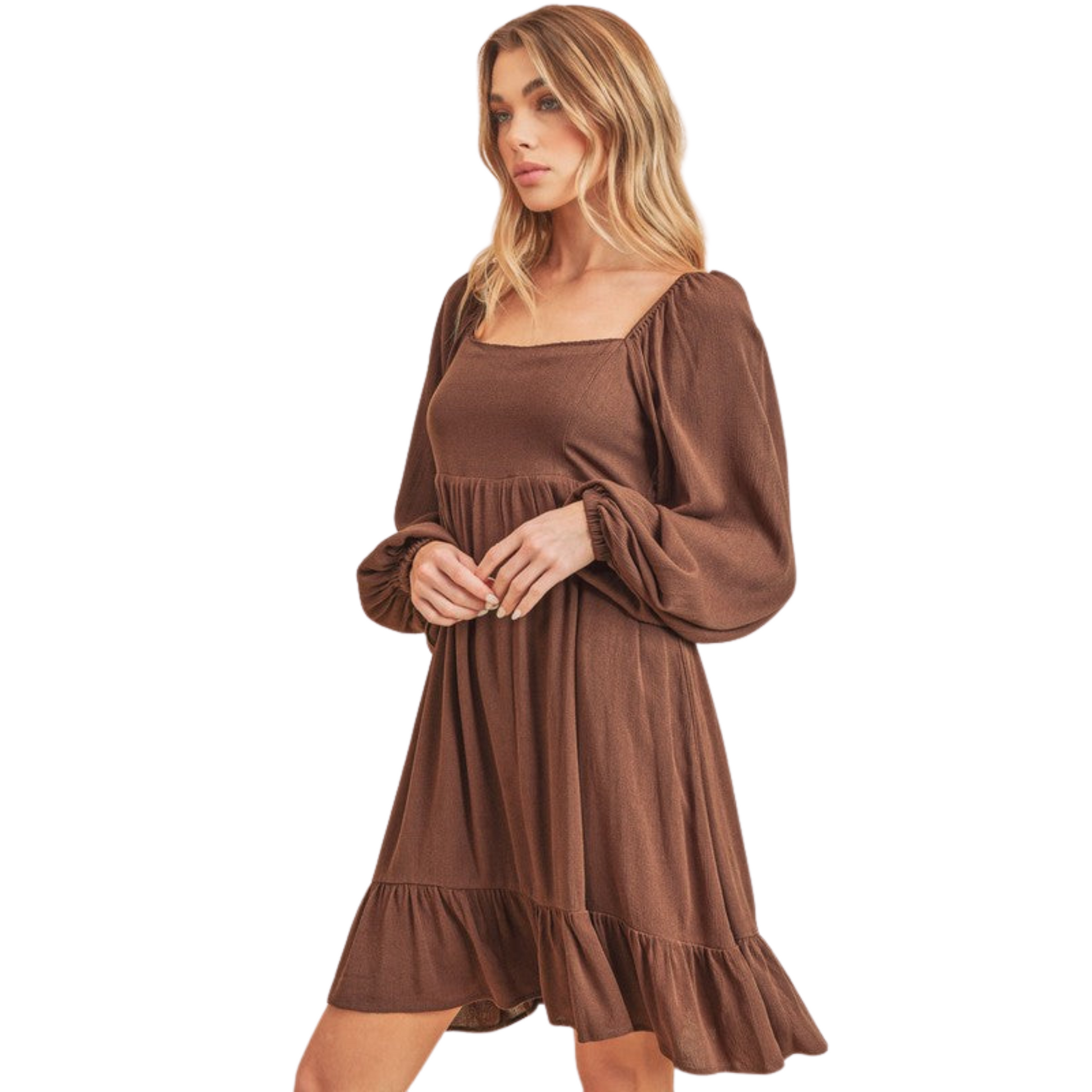 Women's Ruffled Hem Square Neck Balloon Sleeve Mini Dress by Aemi + Co in dark brown with square neckline, balloon sleeves, and playful ruffled hem.