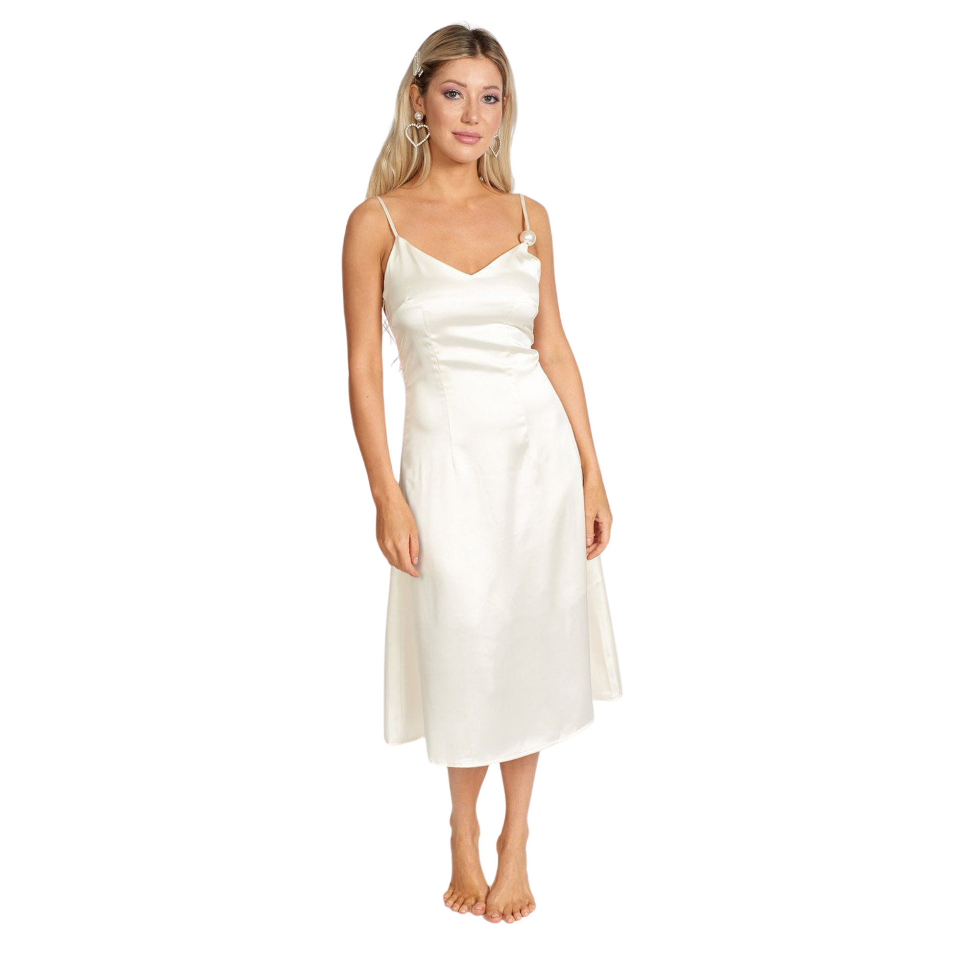 Women's Satin White Pearl Slip Dress by Leonie with V-neckline, thin adjustable straps, and large pearl accent, perfect for summer.