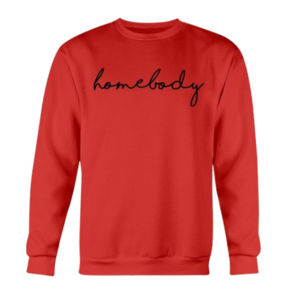 Women's Soft Fleece Knit Cotton Homebody Sweater in red with "Homebody" printed across the chest, available in multiple colors and sizes up to 4XL.