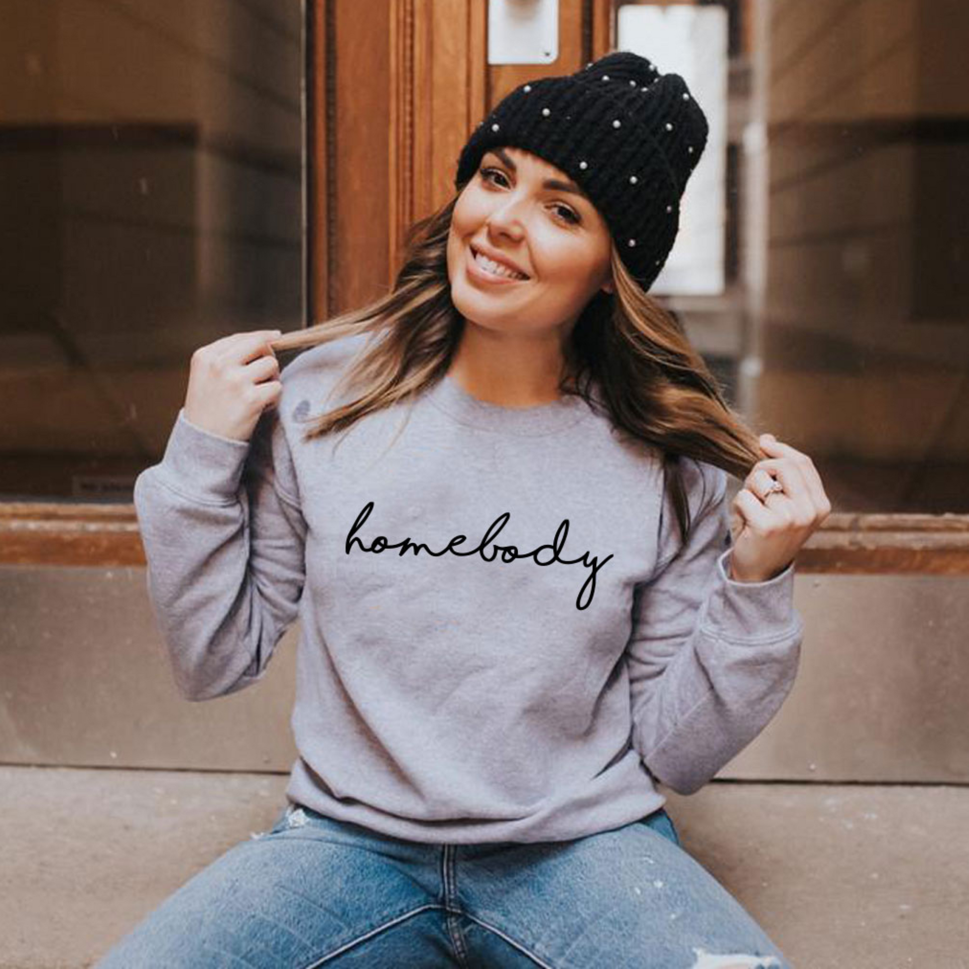 Women's Soft Fleece Knit Cotton Homebody Sweater in red with "Homebody" printed across the chest, available in multiple colors and sizes up to 4XL.