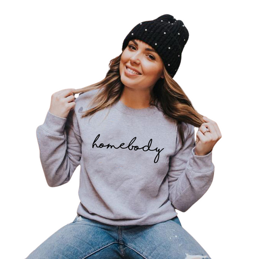 Women's Soft Fleece Knit Cotton Homebody Sweater in red with "Homebody" printed across the chest, available in multiple colors and sizes up to 4XL.