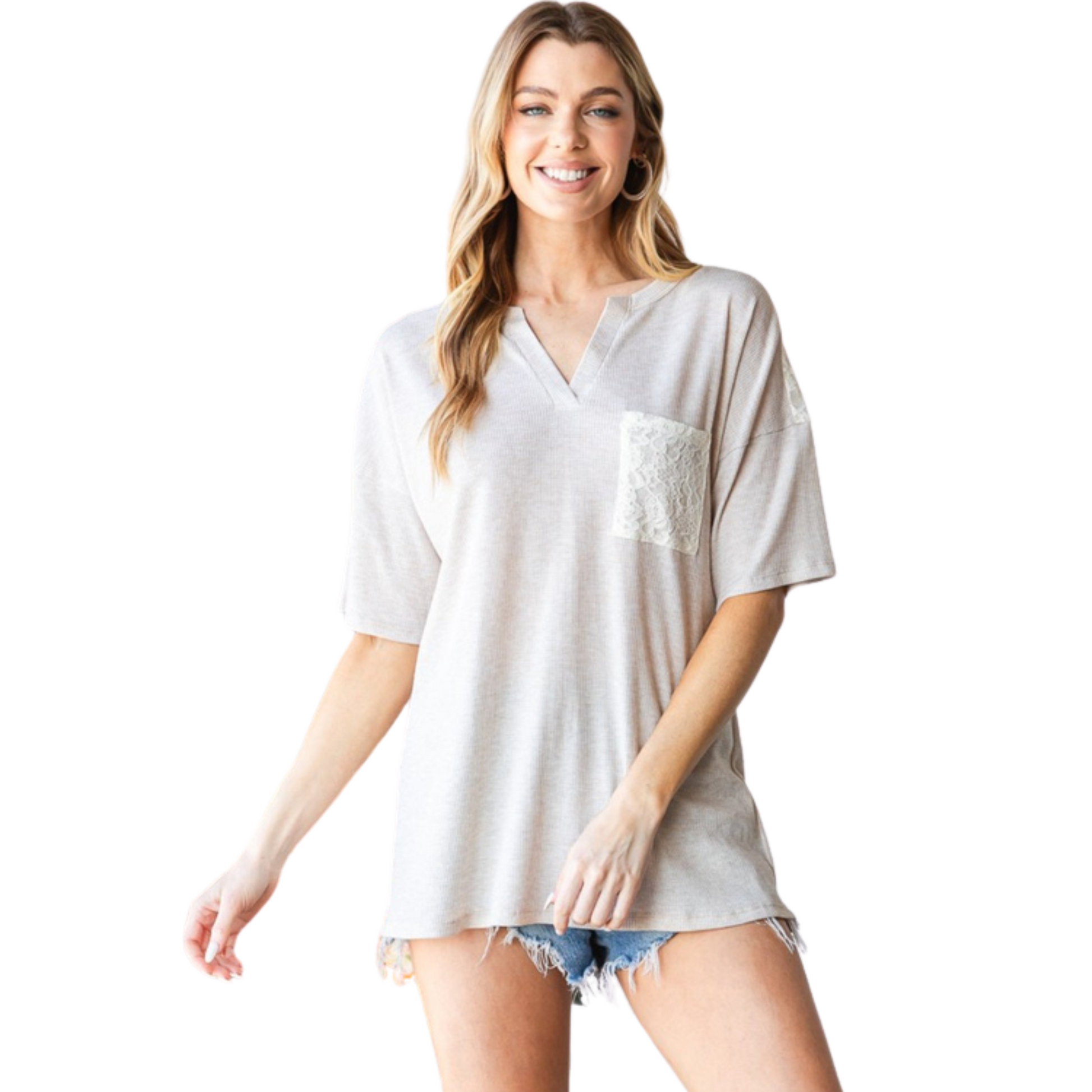 Women's V Neck Short Sleeve Lace Front Heimish Blouse in oatmeal with lace pocket, drop shoulder design, and V neckline for a chic and relaxed look.