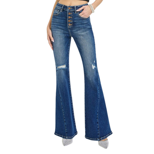 Women's Washed Denim Flare Bottom Jeans in denim blue washed, featuring a button-fly and washed design, with flared legs for a vintage-inspired look.
