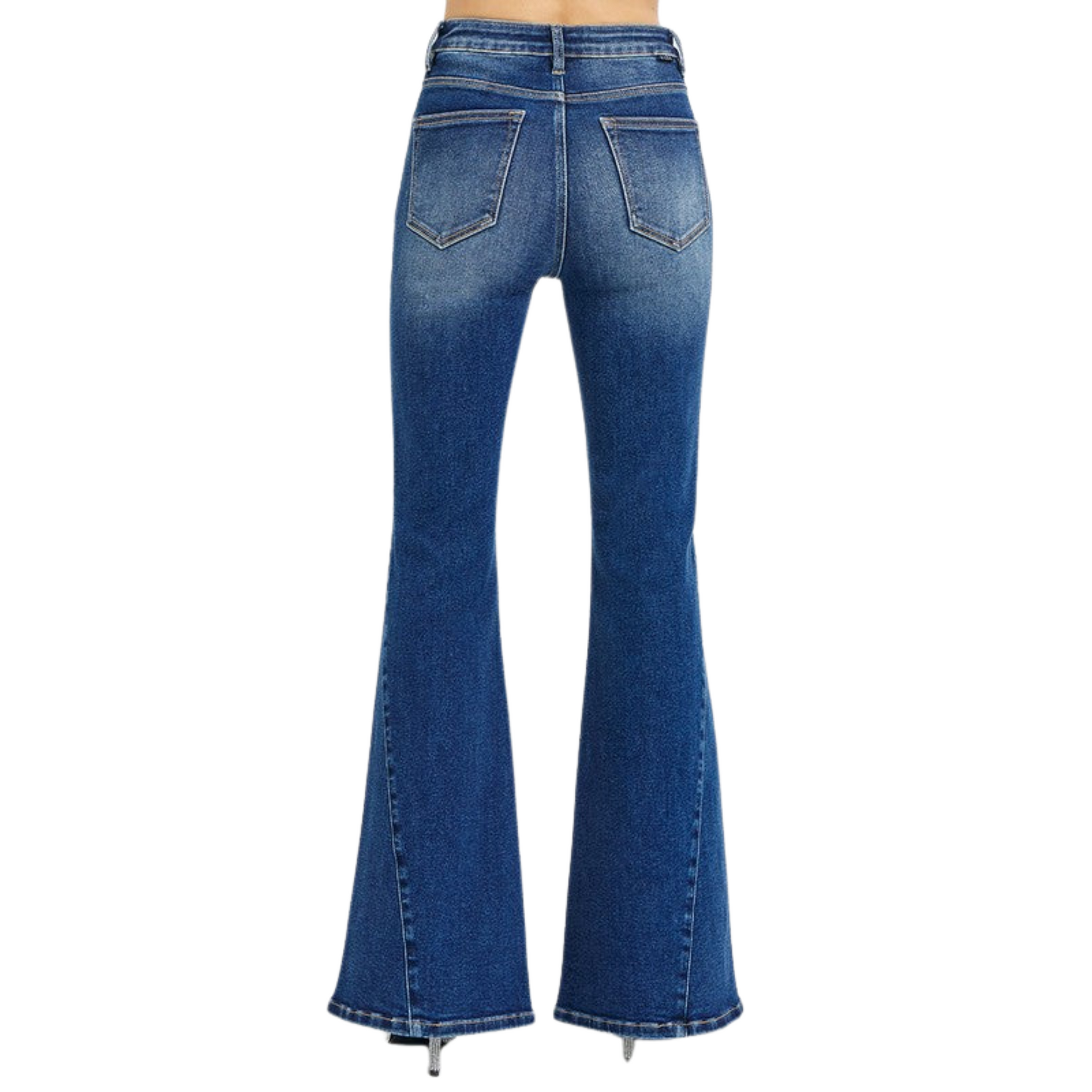 Women's Washed Denim Flare Bottom Jeans in denim blue washed, featuring a button-fly and washed design, with flared legs for a vintage-inspired look.