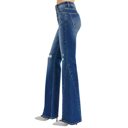 Women's Washed Denim Flare Bottom Jeans in denim blue washed, featuring a button-fly and washed design, with flared legs for a vintage-inspired look.