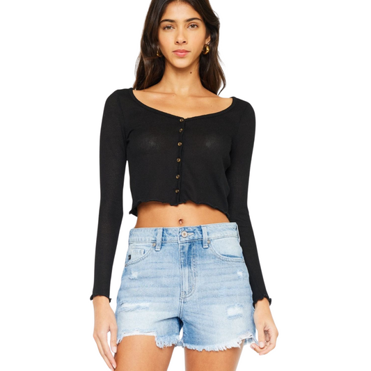 Women's Washed and Frayed High-Rise Denim Shorts by Kancan – stylish high-waisted denim shorts with a frayed hem, perfect for casual, laid-back summer outfits.