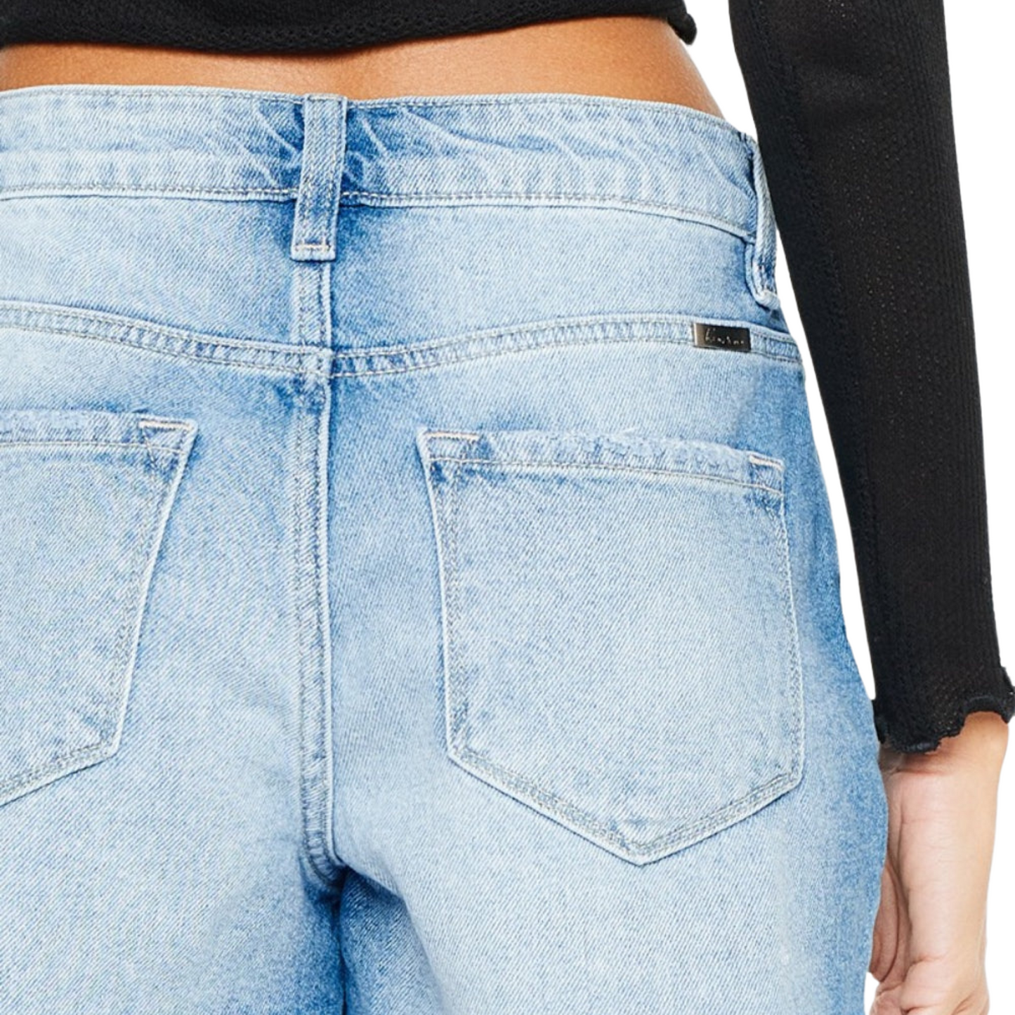 Women's Washed and Frayed High-Rise Denim Shorts by Kancan – stylish high-waisted denim shorts with a frayed hem, perfect for casual, laid-back summer outfits.